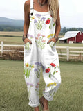 Damen-Overall mit botanischem Wildblumenmuster und lässigen Taschen RSJT416