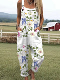 Damen Overall mit Gänse- und Blumendruck, lässig, mit Taschen RSJT417