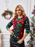 Crewneck Embroidered Sweater ¨C Christmas Tree & Dinosaur