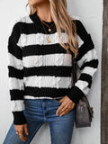 Women's Fashion Casual Versatile Striped Color Block Cable Knit Crew Neck Pullover Long Sleeve Loose Sweater