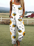 Damen Happy Honeybee Sonnenblumen-Print Freizeit-Overall mit Taschen RSJT420