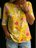T-shirt décontracté en coton pour femme, coupe Henley à demi-manches avec imprimé floral vintage RSST202