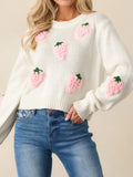 Women's Cute Strawberry Pink Cropped Crew Neck Knit Sweater Long Sleeve Pullover for Autumn Winter
