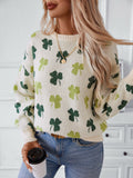 Women's Clover Graphic Crew Neck Knit Sweater Long Sleeve Cute Loose Ribbed Pullover for Autumn Winter
