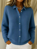 Women's Solid Color Shirt Collar Long Sleeve Waffle Knit Cardigan 1404