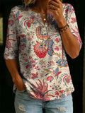 Damen Vintage Floral Print Freizeit Halbarm Henley Baumwoll Top RSST204