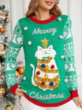 Christmas Long Sleeve Cat Appliqu¨¦ Round Neck Sweater