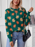 Women's Leaf Pattern Crewneck Knit Sweater Long Sleeve Casual Loose Pullover for Autumn Winter