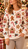 Sweat-shirt gaufré en coton décontracté imprimé motifs géométriques pour femme RSWF602
