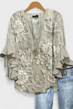 Women's V-Neck 3/4 Sleeve Gray Floral Casual Blouse CY05132