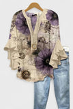 Women's V-Neck 3/4 Sleeve Purple Floral Casual Blouse CY05133