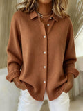 Women's Solid Color Shirt Collar Long Sleeve Waffle Knit Cardigan 1405