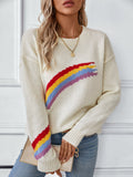 Women's Rainbow Print Sweaters 2025 Fall Long Sleeve Crew Neck Color Block Casual Loose Ribbed Knitted Pullover Tops