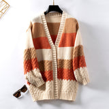 Women's Long Sleeve Color Block Chunky Cable Knitted Oversized Sweater Cardigans for Women