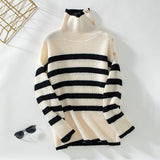 Women's Striped Turtleneck Cable Knit Sweater Long Sleeve Casual Loose Pullover for Autumn Winter