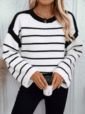 Women's Striped Crew Neck Knit Sweater Long Sleeve Casual Pullover for Autumn Winter