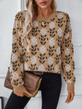 Women's Floral Crewneck Knit Sweater Long Sleeve Pullover for Autumn Winter
