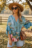 Women's Multicolor Floral Casual V-Neck 3/4 Sleeve Blue Blouse CY05139