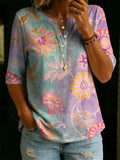 Damen Vintage Bluse mit Blumenmuster, Halbarm, Henley, aus Baumwolle RSST207