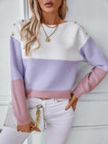 Women's Long Sleeve Crew Neck Color Block Knit Pullover Sweater for Autumn Winter