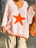 Women's Oversized Star Drop Shoulder Crochet Sweater Loose Pullover Knit for Autumn Winter