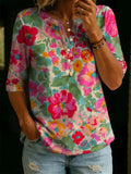 Damen Vintage Floral Print Freizeit Halbarm Henley Baumwoll-Top RSST208