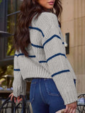 Women's Chunky Knit Striped Cardigan Sweater Drop Shoulder Long Sleeve Button Down for Autumn Winter
