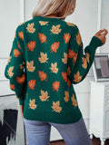 Women's Leaf Pattern Crewneck Knit Sweater Long Sleeve Casual Loose Pullover for Autumn Winter