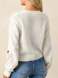 Women's Cute Strawberry Pink Cropped Crew Neck Knit Sweater Long Sleeve Pullover for Autumn Winter