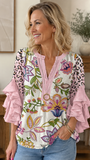Women's V-Neck 3/4 Sleeve Pink Floral Casual Shirt CY05131