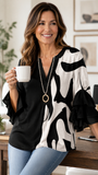 Women's  Black Casual V-Neck 3/4 Sleeve Blouse CY051310
