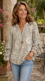 Women's V-Neck 3/4 Sleeve Gray Floral Casual Blouse CY05132