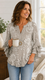 Women's V-Neck 3/4 Sleeve Gray Floral Casual Blouse CY05132