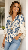Women's V-Neck 3/4 Sleeve Light Blue Floral Casual Blouse CY05134