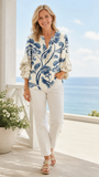 Women's V-Neck 3/4 Sleeve Light Blue Floral Casual Blouse CY05134