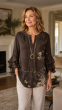 Women's Brown Floral Casual V-Neck 3/4 Sleeve Blouse CY05135
