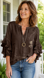 Women's Brown Floral Casual V-Neck 3/4 Sleeve Blouse CY05135