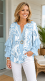 Women's Light Blue Floral Casual V-Neck 3/4 Sleeve Blouse CY05137