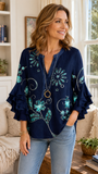 Women's Dark Blue Floral Casual V-Neck 3/4 Sleeve Blouse CY05138