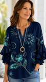 Women's Dark Blue Floral Casual V-Neck 3/4 Sleeve Blouse CY05138