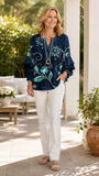 Women's Dark Blue Floral Casual V-Neck 3/4 Sleeve Blouse CY05138