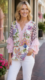 Women's V-Neck 3/4 Sleeve Pink Floral Casual Shirt CY05131