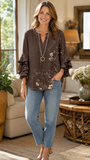 Women's Brown Floral Casual V-Neck 3/4 Sleeve Blouse CY05135