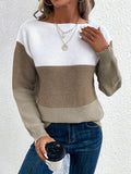 Women's Long Sleeve Crew Neck Color Block Knit Pullover Sweater for Autumn Winter