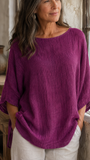 Crewneck Cotton and Linen Shirt Top-Purple