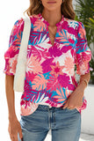 Damen Vintage Blumenmuster Freizeit Henley Baumwoll-Oberteil mit halbem Arm RSST211