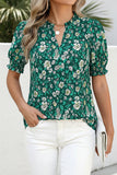 Women’s Dark Green Floral Print Smocked Half Sleeve V-Neck Top RKSJ409