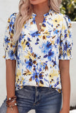 Women’s White Blue Floral Print Smocked Half Sleeve V-Neck Top RKSJ412