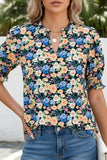 Women’s Black Multicolor Floral Print Smocked Half Sleeve V-Neck Top RKSJ413