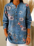 Chemisier en jean décontracté en coton à imprimé floral vintage pour femmes RSDS2103